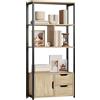 HOMCOM Libreria in Stile Industriale con 3 Ripiani, Anta e 2 Cassetti, Pannelli in Particolato Effetto Legno Naturale, Acciaio Nero
