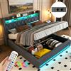 NONE Letto contenitore 140x190 cm, letto matrimoniale con testiera a LED e porte USB, funzione contenitore, portabevande, rivestimento in lino grigio scuro (senza materasso)