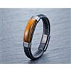 Bracciale Uomo Pelle Nera Acciaio Inox Pietra Occhio di Tigre Naturale 21.5 cm