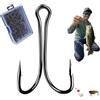 Generic Confezione da 50 ami da pesca a doppia rana in acciaio al carbonio, 2 pezzi | Ami spinato doppio, offset largo spinato per la pesca della spigola in acqua salata e d'acqua dolce
