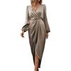 LIUYUYOUGO Abito Donna Abito Midi da Donna in Raso con Scollo A V Maniche Lunghe Elegante Abito in Seta con Elastico in Vita E Arricciature con Spacco per Cocktail Party Abiti da Cerimonia