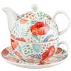 Baroni Home Teiera in Porcellana Decorata, Fantasia Papaveri, Set Teriera con coeprchio Tazza e Piattino, Tazza Tea for One, 16X15X14 cm