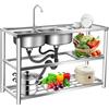 PHOYUXM Lavello per gastronomia, 120 cm, in acciaio inox, doppio lavabo con rubinetto e ripiani