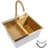 Madelynn Lavello da cucina 50 x 45 cm, in acciaio inox, colore oro, piano di lavoro, cucina con rubinetto, tubi di ingresso e scolapiatti, per uso domestico/cucina/ristorante