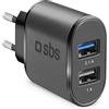 SBS Caricabatterie da Muro con Presa EU a Ricarica Rapida da 3100 mAh con Due uscite USB da 1 A e 2.1 A, Fino al 50% di Carica dello Smartphone in 30 min, Nero