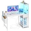 Grandder Scrivania Gaming 120x50cm con Presa di Corrente e Luci LED, Tavolo per PC Compatto con Ripiani Reversibili e Cassetto, Scrivania per Ufficio e Casa con Borsa Portaoggetti, bianca