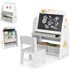 RELAX4LIFE 4 in 1 Tavolino e Sedia con Motivo Volpe e Lavagna Cancellabile | 4 in 1 Tavolo in Legno con Scaffale, 2 Contenitori in Tessuto, Gomma e Gessetti, Set per Disegnare e Cameretta, 60x40x80cm