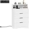 HOMCOM Cassettiera 4 cassetti con caricabatterie 80x40x120 cm Bianco | Cassettiera alta da letto, porta USB, porta USB-C, scaffale aperto