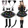 Meleager Costume Gatto Nero Bambina con Orecchie di Gatto, Collare, Guanti, Coda Nera, Gonna in Tulle LED, Calze Lunghe e Adesivo, Vestito Luminoso Bambini per Halloween, Carnevale, Festa di Compleanno