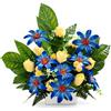 DRW Centro di fiori artificiali blu e giallo per chiese, cimiteri e celebrazioni, con gerbera e boccioli, 57 x 15 x 60 cm