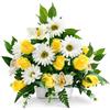DRW Centro di fiori artificiali giallo e bianco per chiese, cimiteri e celebrazioni con boccioli, dalie e orchidee, 55 x 15 x 44 cm