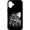 Dino Monster Truck Birthday Gifts Custodia per iPhone 16 Plus T-Rex Monster Truck 4° compleanno 4 anni Party Dinosaur
