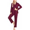 Bresdk Pigiama Donna Lungo in Cotone Aperto con Bottoni e Tasche | Camicia pigiama monocolore con colletto a revers e bottoni, pantaloni lunghi con vita elastica, coulisse e tasche laterali