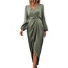 LIUYUYOUGO Abito Donna Abito Midi da Donna in Raso con Scollo A V Maniche Lunghe Elegante Abito in Seta con Elastico in Vita E Arricciature con Spacco per Cocktail Party Abiti da Cerimonia