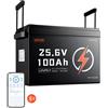 VEVOR Batteria al Litio LiFePO4 24V 100Ah 4000+ Cicli 2560Wh con Bluetooth per Camper, Motori Elettrici, Pesca, Barche, Impianti Solari, Connessione 8P2S, BMS 100A, Protezione dalle Basse Temperature