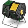 DF OMER, Barilotto Compost a Doppia Camera, Compostiera Piccola, Girevole con 2 Porte Scorrevoli e Telaio Acciaio per Tutte le Stagioni, No BPA, Anti UV 2x70 L