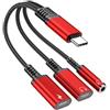 FUBESK Adattatore USB C 3 in 1 per cuffie e ricarica con jack audio da 3 5 mm per iPhone 15/16/17 ProMaxPlus, iPad, S23 S24 Ultra Support (rosso)