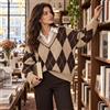 NONE Maglione Donna Falso Due Pezzi Collo Camicia, Maglia a V con Motivo Rombo, Taglio Ampio, Maglieria Morbida, Stile Preppy Elegante, Indumenti Autunno Inverno, Perfetto per Uso Quotidiano e Uscite 2239