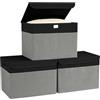 Bagnizer Scatole portaoggetti con coperchio, set di 3 scatole pieghevoli in tessuto con pratici manici, 25 x 20 x 15 cm, scatole con coperchio, per camera da letto, per riporre vestiti, nero e grigio