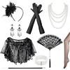 QingWing Great Gatsby Set Accessori Feste, 7 Pezzi Party Anni 20 Velluto Accessor, Donne Accessori Anni 20 con Copricapo Guanti Collana Bracciale Orecchini Ventaglio Portasigarette Adatto per Feste