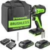 Greenworks Avvitatore a percussione senza spazzole da 24 V da 1/4, (2) batterie da 2,0 Ah, caricabatterie compatto e borsa inclusa
