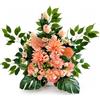 DRW Centro di fiori artificiali rosa salmone per chiese, cimiteri e celebrazioni con dalie, boccioli, ortensie e anturio, 70 x 30 x 70 cm