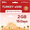 TSIM eSIM prepagata Turchia per viaggi | 15 giorni 2GB 5G Velocità | Hotspot consentito | Codice QR eSIM inviato via e-mail entro 24 ore dalla spedizione | Scansiona il codice QR e utilizza