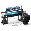 ThomP Scrivania per Computer 200 x 146 cm con Prese, Scrivania ad Angolo | LED; 7 cassetti in tessuto; Supporto monitor; Gestione dei cavi