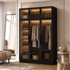 PREMTURE Armadio a 6 ante in vetro temperato con 5 barre luminose, guardaroba con grucce e ripiani per camera da letto, spogliatoio, nero, 120 x 48 x 190 cm, MDF