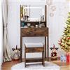 COSTWAY Toeletta Trucco con Luci LED Regolabile e Sgabello (Marrone) | Specchiera con Stazione di Ricarica e Luminosità Regolabile, Set Consolle Trucco con Piano in Vetro Temperato e 2 Cassetti