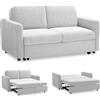 EVERGREENWEB MATERASSI & BEDS EVERGREENWEB Divano Letto 2 Posti Matrimoniale L165xP90xA80 cm, Morbido Tessuto Bianco, Schienale Reclinabile a Doppio Cuscino, Sofà con Chaise Longue Estraibile, Struttura Rinforzata Pieghevole NELLY
