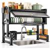 Fesatccoz Scolapiatti da lavello 85 cm, da appoggio sopra lavandino, nero | Con copertura, portacoltelli, supporto tagliere, cestello spugna, portaposate e 6 ganci per organizzare gli accessori