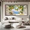 SDVIB Quadro su tela con immagine di un mediterraneo, con finestra aperta, limoni, costa amalfitana e vista mare, ideale per decorare la parete della cucina (90x180 cm/Senza cornice)
