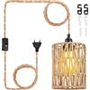 PORFOYO Lampada a sospensione con spina, 4,5 m, E27, in rattan, lampada a sospensione con spina, lampada a sospensione boho da cucina, balcone, corridoio, interno