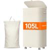 Lifewit Cesto portabiancheria con coperchio su ruote, 105 l, con telaio in plastica, pieghevole, grande cesto portabiancheria per camera da letto, bagno, bianco