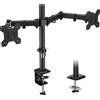 Benza Supporto monitor Ibbenzoa® per 2 schermi da 13-27 pollici, standard VESA 75/100, capacità di carico di 8 kg per braccio, regolazione in altezza di 420 mm, rotazione a 360°, fissaggio a morsetto o passacavo, gestione dei cavi