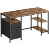 VASAGLE Scrivania VASAGLE, Tavolo per Computer, Tavolo da Ufficio, con 3 Ripiani, 2 Cassetti, 60 x 140 x 76 cm, per Ufficio, Soggiorno, Stile Industriale, Marrone Rustico e Nero/Rovere Naturale e Bianco