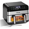 Oyajia Friggitrice ad Aria Calda Doppia Digitale, Capacità 10QT 9L, Doppia Zona, 2400W, 80-200°C ° Friggitrice ad Aria in Acciaio Inox con 8 Modalità Preimpostate, Display Touch Screen a Colori e Nero