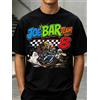 NONE T-shirt grafica Joe Bar Team 8, con motivo colorato di moto da corsa in stile cartone animato, bandiera a scacchi, fumo e azione comica.