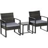 Outsunny Set da Giardino in Rattan 3 pezzi, 2 Poltrone con Cuscino e Tavolino, Grigio
