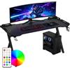 Suusolny Scrivania da gioco a LED con rivestimento in fibra di carbonio, ergonomica, con illuminazione RGB, tavolo da gioco con gambe da tavolo a forma di Y, tavolo per PC con supporto per cuffie