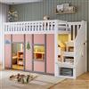NNJN Letto a soppalco per bambini, 90 x 200 cm, bianco e rosa, con scala portaoggetti, illuminazione a LED, area giochi, protezione anticaduta e motivi decorativi per la cameretta dei bambini