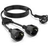 DONTYEA Cavo di prolunga con spina piatta da 2 m, doppia spina con 2 prese Schuko (250 V/16 A), protezione IP44, spina piatta a 90°, per casa, ufficio ed esterni, nero