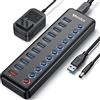 WENTER HUB USB 3.0 Alimentato 11 in 1,7 Porte USB 3.0 e 4 Porte Carica Rapida con Interruttore LED e Adattatore di alimentazione 36W Compatibile PC, Windows, Mac OS, Linux, MacBook (10+1)