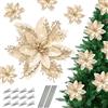 Baimuni Fiori di Natale Artificiali con Clip, 12 Pezzi Fiori di Stella Albero di Natale Poinsettia Glitterati con Clip, Glitter Ornamenti per Decorazioni Natalizie Festivo Casa Ghirlanda, Oro