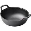 Aurumium Wok in ghisa con fondo piatto con due manici, non rivestito, adatto per la maggior parte dei piani cottura, versatile, nero, corpo in ferro e coperchio in legno (A)