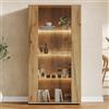 Moimhear Armadio vetrina, 2 ante in vetro, 4 ripiani, illuminazione LED regolabile, colore naturale