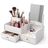 Baroni Home Porta Trucchi con Specchio Regolabile e 2 Cassetti, Organizer Makeup da Tavolo in Plastic Wood, Contenitore per Cosmetici e Gioielli, Montaggio a Incastro, 40x19x36 cm