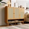 VIEKOS Scarpiera in rattan naturale, 3 ante e 1 cassetto, 5 ripiani, per corridoio, maniglia in metallo, gambe in legno massello, larghezza 120 cm, altezza 106 cm, profondità 35 cm