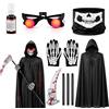 Dongcill 6 Pezzi Costume Tristo Mietitore Bambino Halloween per Cosplay, Carnevale | Travestimento da Morte con Mantello 150 CM, Falce, Maschera Teschio, Guanti Scheletro, Occhiali Luminosi e Sangue Finto